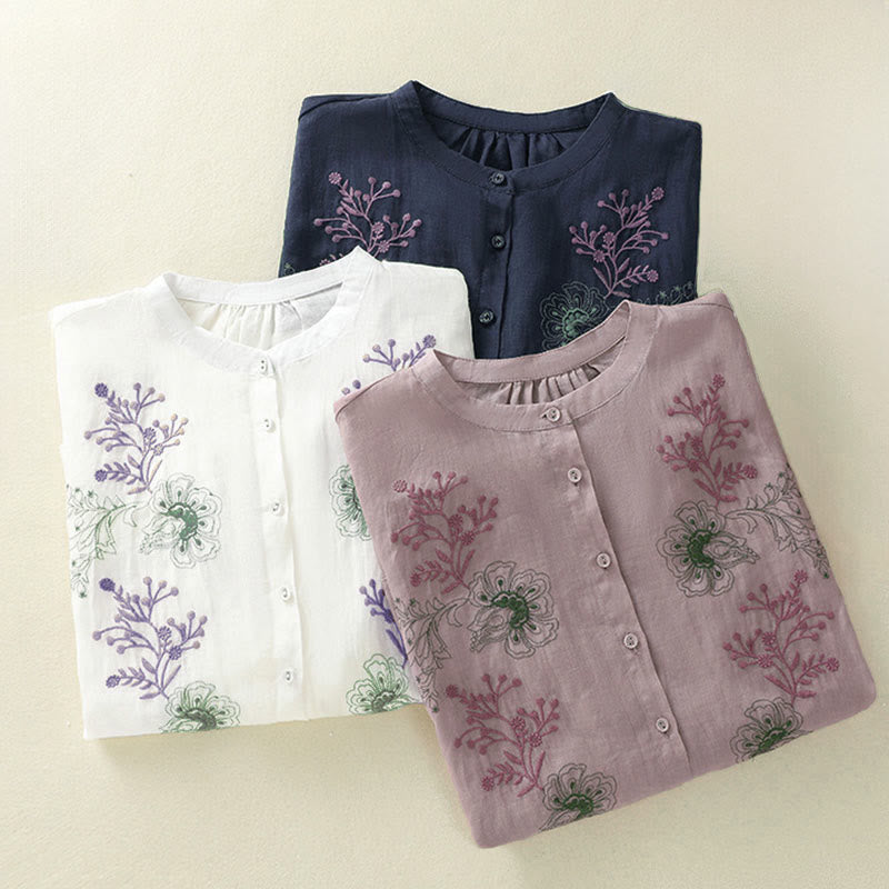 Buddha Stones Embroidery Pleated Design Stand Collar Three Quarter Sleeve Side Slit Hem Women's Cotton Shirt - image 26