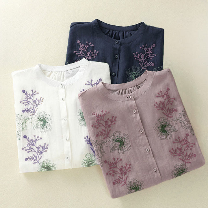 Buddha Stones Embroidery Pleated Design Stand Collar Three Quarter Sleeve Side Slit Hem Women's Cotton Shirt - image 26