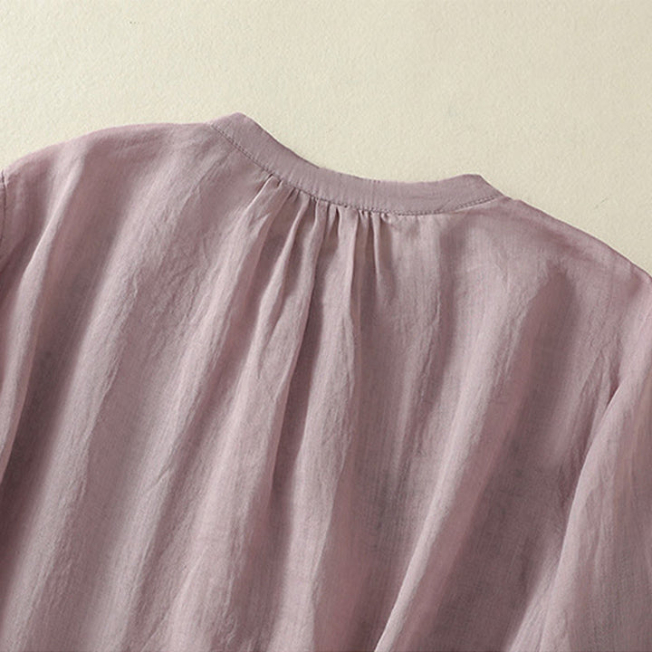 Buddha Stones Embroidery Pleated Design Stand Collar Three Quarter Sleeve Side Slit Hem Women's Cotton Shirt - image 10