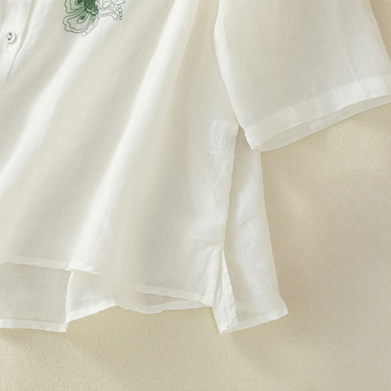 Buddha Stones Embroidery Pleated Design Stand Collar Three Quarter Sleeve Side Slit Hem Women's Cotton Shirt - image 24