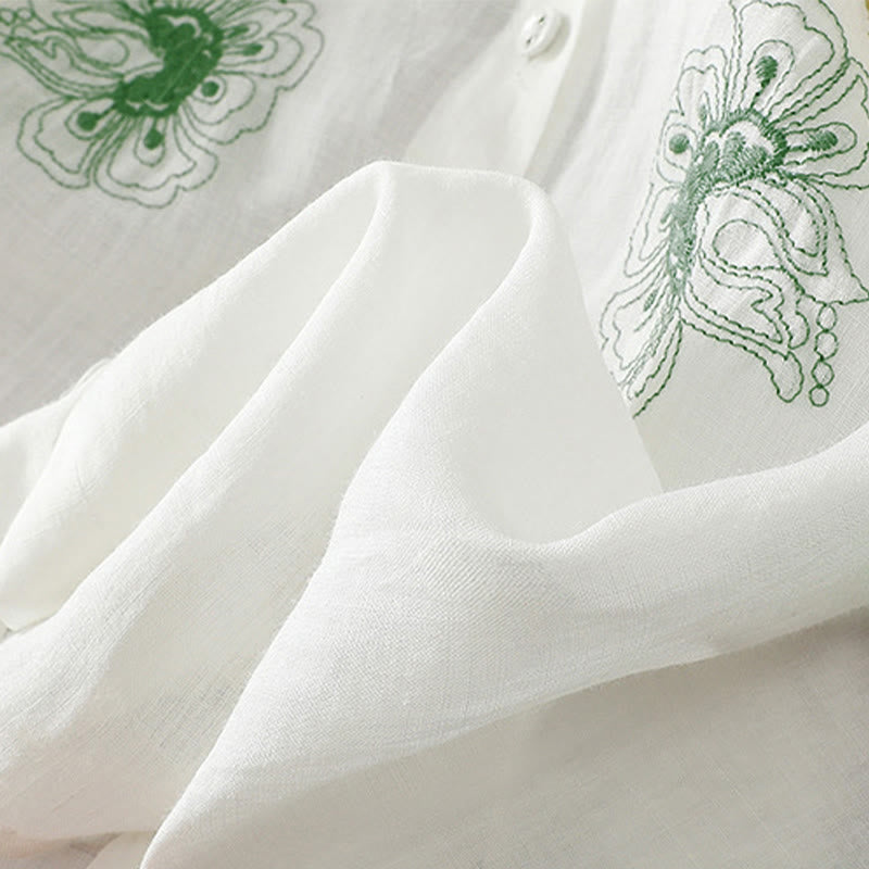 Buddha Stones Embroidery Pleated Design Stand Collar Three Quarter Sleeve Side Slit Hem Women's Cotton Shirt - image 22