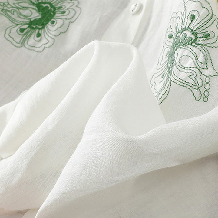 Buddha Stones Embroidery Pleated Design Stand Collar Three Quarter Sleeve Side Slit Hem Women's Cotton Shirt - image 22