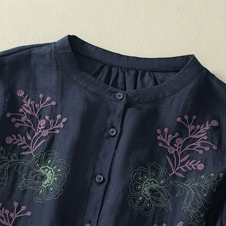 Buddha Stones Embroidery Pleated Design Stand Collar Three Quarter Sleeve Side Slit Hem Women's Cotton Shirt - image 2