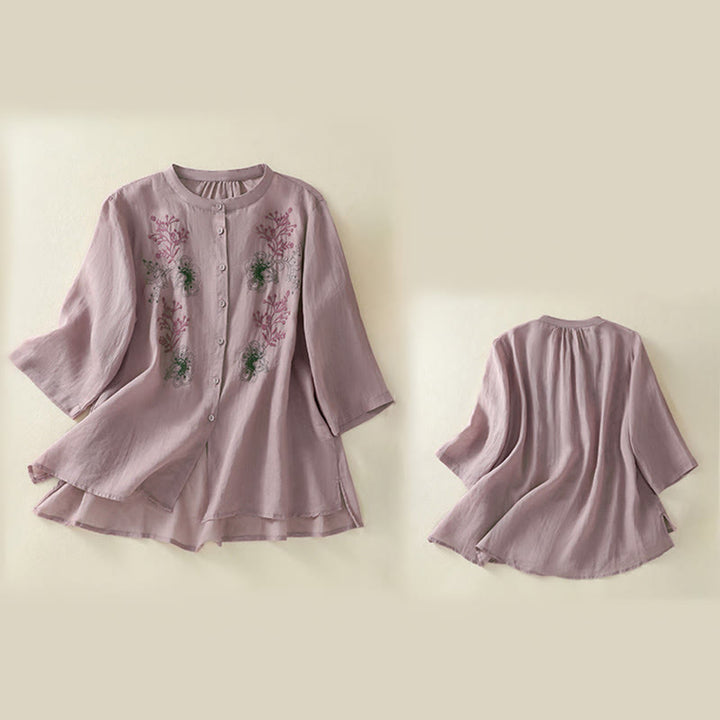 Buddha Stones Embroidery Pleated Design Stand Collar Three Quarter Sleeve Side Slit Hem Women's Cotton Shirt - image 15