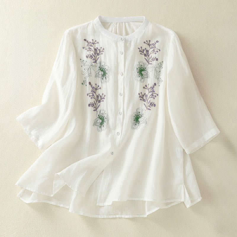 Buddha Stones Embroidery Pleated Design Stand Collar Three Quarter Sleeve Side Slit Hem Women's Cotton Shirt - White - US8-10，UK/AU12-14，EU40-42 (2XL) - image 16