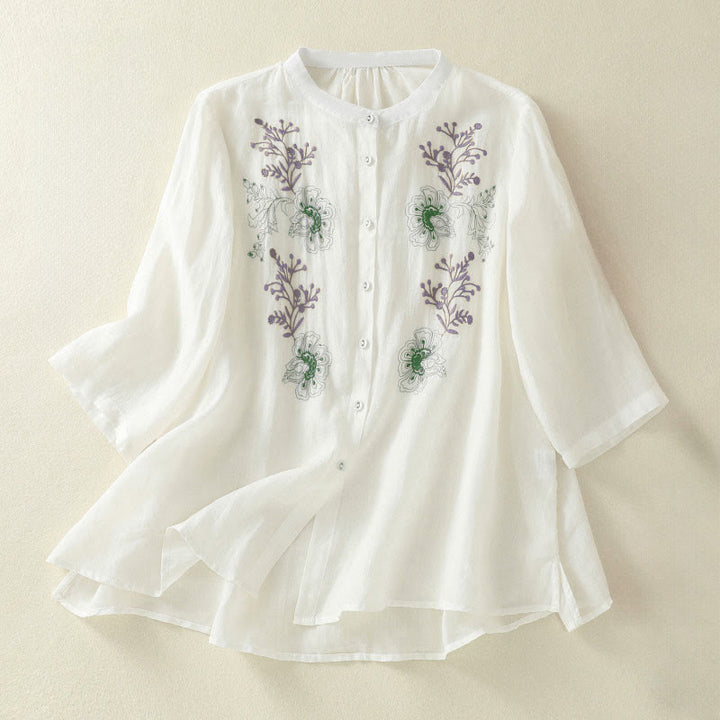 Buddha Stones Embroidery Pleated Design Stand Collar Three Quarter Sleeve Side Slit Hem Women's Cotton Shirt - White - US8-10，UK/AU12-14，EU40-42 (2XL) - image 16