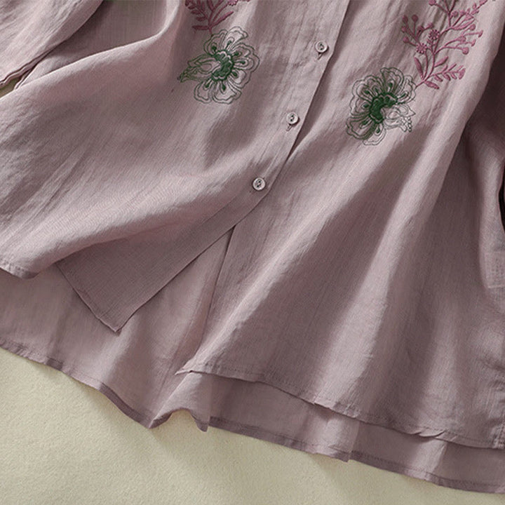 Buddha Stones Embroidery Pleated Design Stand Collar Three Quarter Sleeve Side Slit Hem Women's Cotton Shirt - image 13