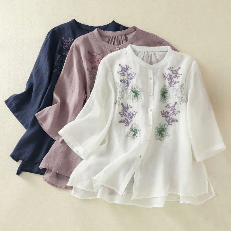 Buddha Stones Embroidery Pleated Design Stand Collar Three Quarter Sleeve Side Slit Hem Women's Cotton Shirt - image 25