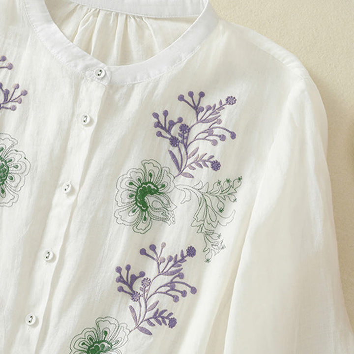 Buddha Stones Embroidery Pleated Design Stand Collar Three Quarter Sleeve Side Slit Hem Women's Cotton Shirt - image 20