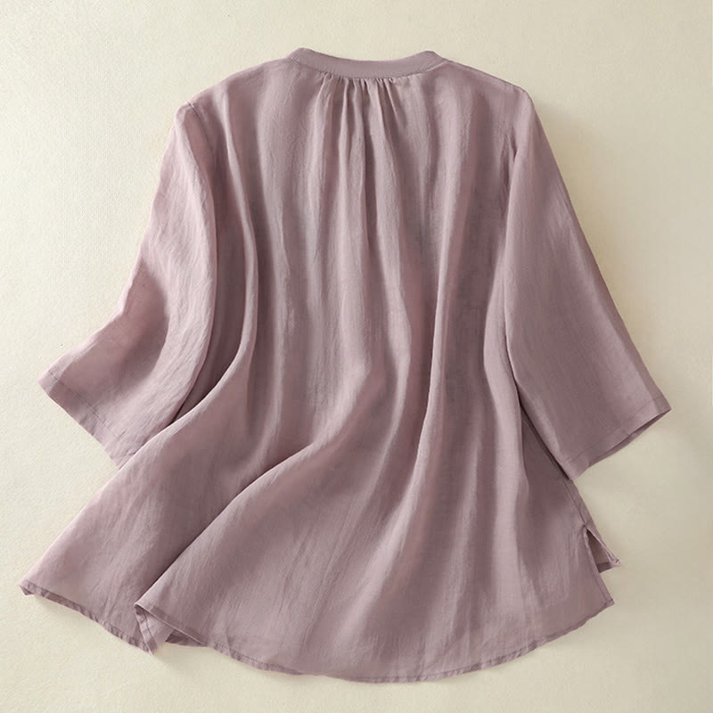 Buddha Stones Embroidery Pleated Design Stand Collar Three Quarter Sleeve Side Slit Hem Women's Cotton Shirt - image 8