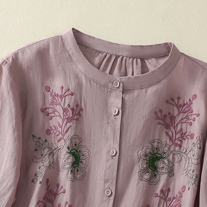 Buddha Stones Embroidery Pleated Design Stand Collar Three Quarter Sleeve Side Slit Hem Women's Cotton Shirt - image 9