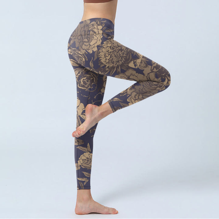Buddha Stones Retro Color Scheme Flower Butterfly Leaf Print Gym Leggings Women's Yoga Pants - image 3
