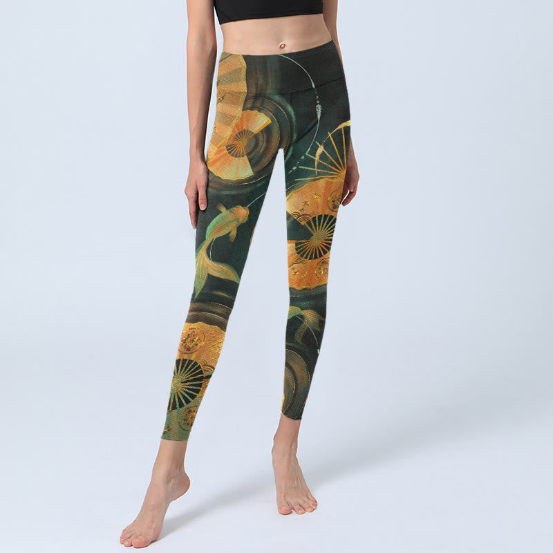 Buddha Stones Gorgeous Folding Fan Koi Fish Print Gym Leggings Women's Yoga Pants - image 5