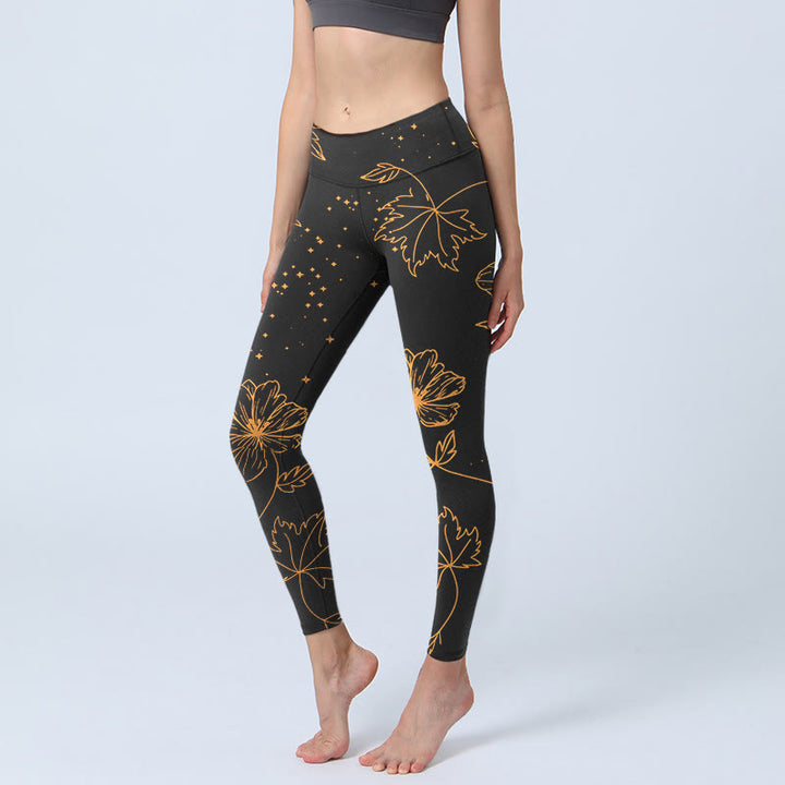 Buddha Stones Minimalist Style Flower Leaf Star Print Gym Leggings Women's Yoga Pants - Black - US18，UK/AU22，EU50 (4XL) - image 0