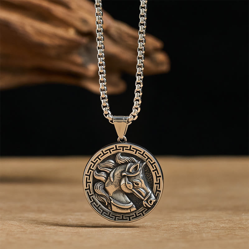 Buddha Stones Year Of The Horse Titanium Steel Balance Necklace Pendants - image 1