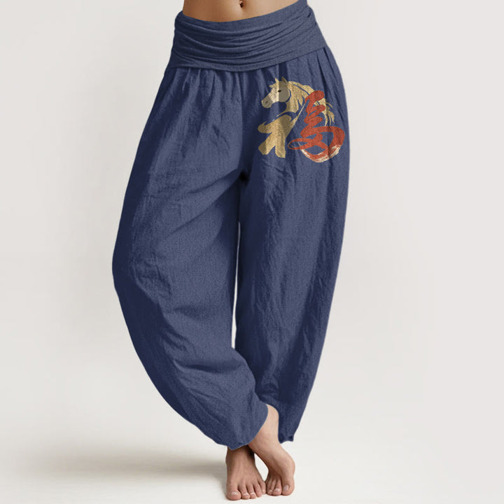 Buddha Stones Pure Cotton Year Of The Horse Fu Character Pattern Women's Elastic Waist Harem Pants - DarkSlateBlue - US16，UK/AU20，EU48 (3XL) - image 5