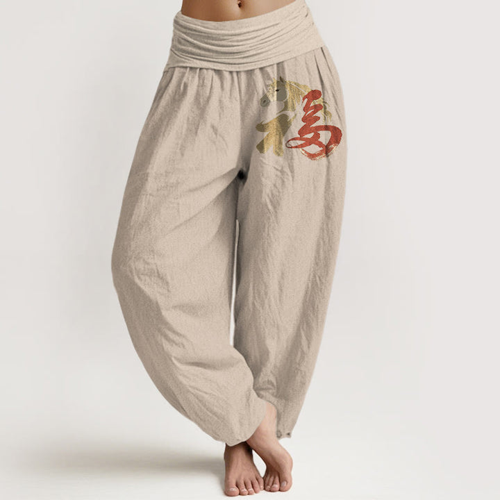 Buddha Stones Pure Cotton Year Of The Horse Fu Character Pattern Women's Elastic Waist Harem Pants - Tan - US16，UK/AU20，EU48 (3XL) - image 11