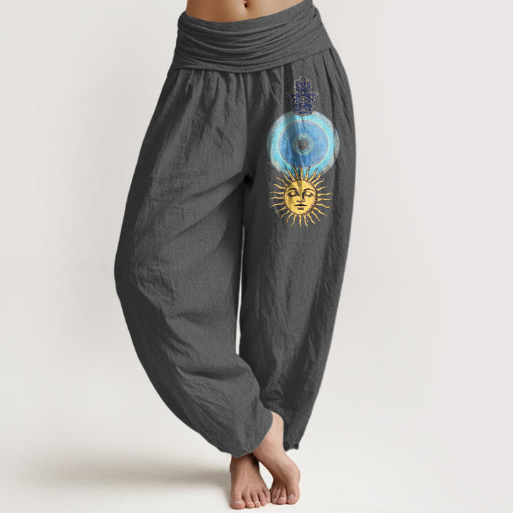 Buddha Stones Pure Cotton Minimalist Style Hamsa's Hand Sun Pattern Women's Elastic Waist Harem Pants - DimGray - US16，UK/AU20，EU48 (3XL) - image 8