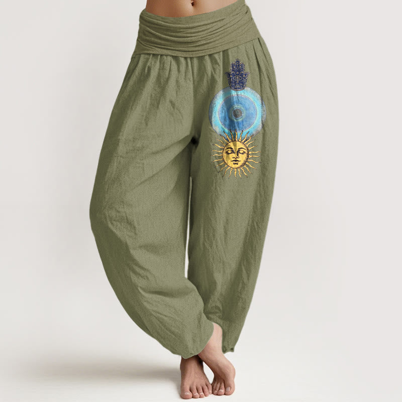 Buddha Stones Pure Cotton Minimalist Style Hamsa's Hand Sun Pattern Women's Elastic Waist Harem Pants - OliveDrab - US16，UK/AU20，EU48 (3XL) - image 14