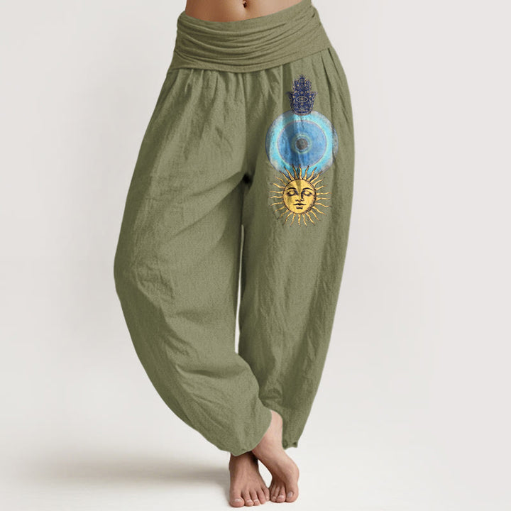 Buddha Stones Pure Cotton Minimalist Style Hamsa's Hand Sun Pattern Women's Elastic Waist Harem Pants - OliveDrab - US16，UK/AU20，EU48 (3XL) - image 14