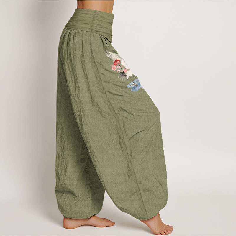 Buddha Stones Pure Cotton Elegant Crane Flower Cloud Pattern Women's Elastic Waist Harem Pants - image 16