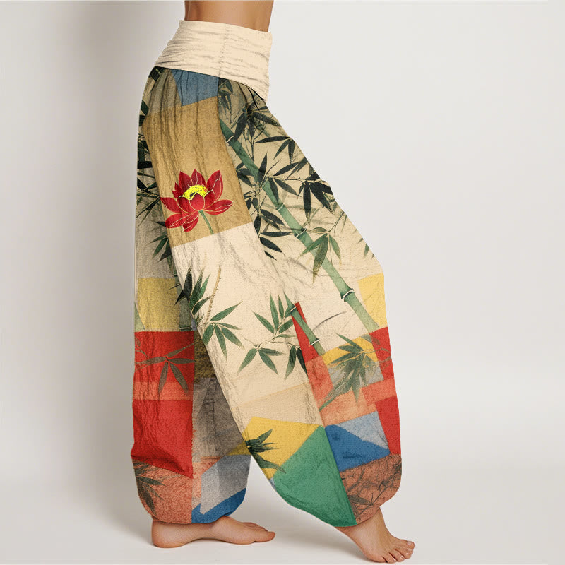 Buddha Stones Cotton Colorful Bamboo Lotus Geometric Shapes Pattern Women's Elastic Waist Harem Pants - image 2