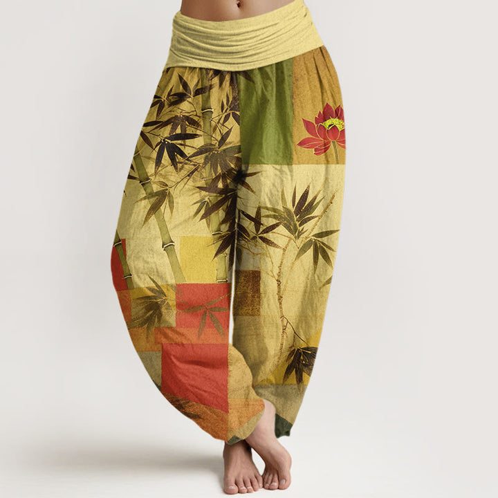 Buddha Stones Cotton Colorful Bamboo Lotus Geometric Shapes Pattern Women's Elastic Waist Harem Pants - Khaki - US16，UK/AU20，EU48 (3XL) - image 8