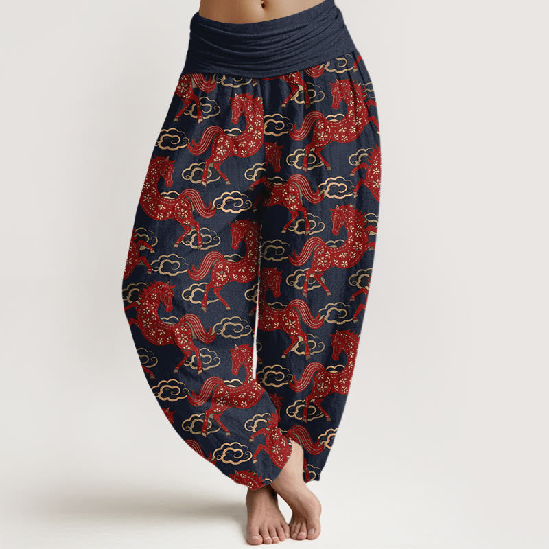 Buddha Stones Cotton Gorgeous Horse Cloud Pattern Women's Elastic Waist Harem Pants - MidnightBlue - US16，UK/AU20，EU48 (3XL) - image 5