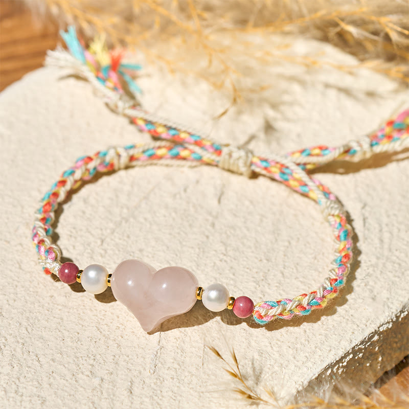 Buddha Stones Heart Design Pink Crystal Braided Rope Warmth Love Bracelet - image 3