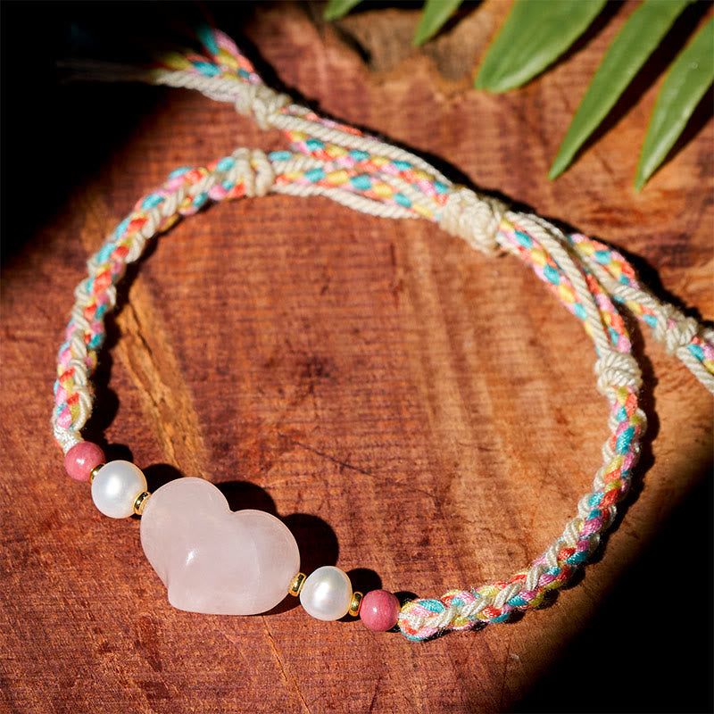 Buddha Stones Heart Design Pink Crystal Braided Rope Warmth Love Bracelet - image 1