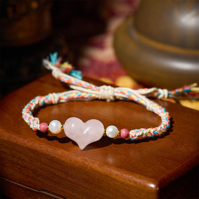 Buddha Stones Heart Design Pink Crystal Braided Rope Warmth Love Bracelet - image 2