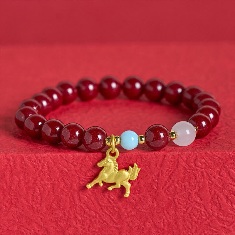 Buddha Stones Year of the Horse Running Horse Charm Cinnabar Blessing Bracelet - image 3
