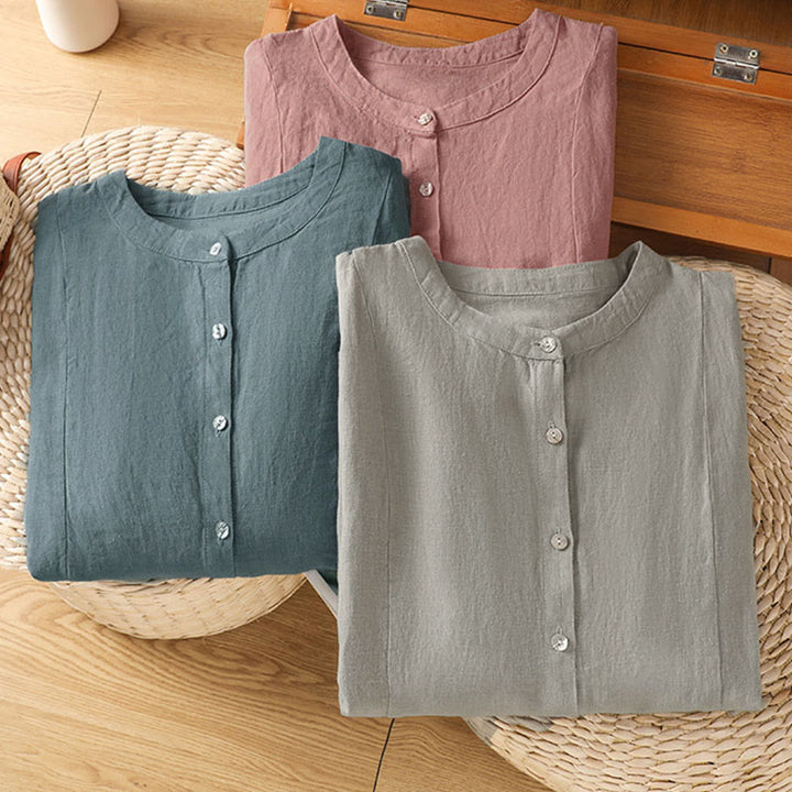 Buddha Stones Fall Commute Patchwork Plain Design Long Sleeve Women's Cotton Buttons Shirt - image 26