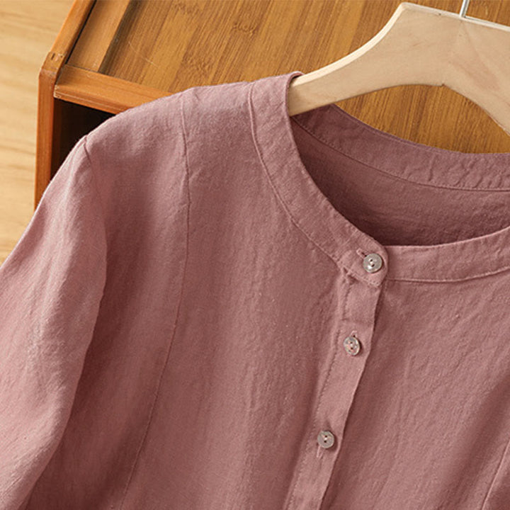 Buddha Stones Fall Commute Patchwork Plain Design Long Sleeve Women's Cotton Buttons Shirt - image 4