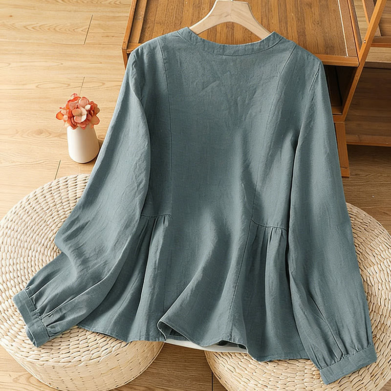 Buddha Stones Fall Commute Patchwork Plain Design Long Sleeve Women's Cotton Buttons Shirt - image 19