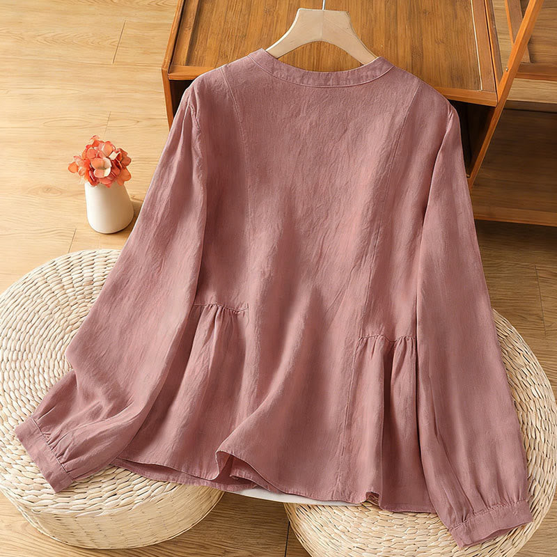 Buddha Stones Fall Commute Patchwork Plain Design Long Sleeve Women's Cotton Buttons Shirt - image 1