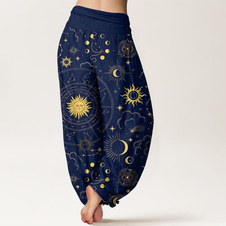 Buddha Stones Cotton Gorgeous Sun Moon Star Constellation Cloud Pattern Women's Elastic Waist Harem Pants - image 1