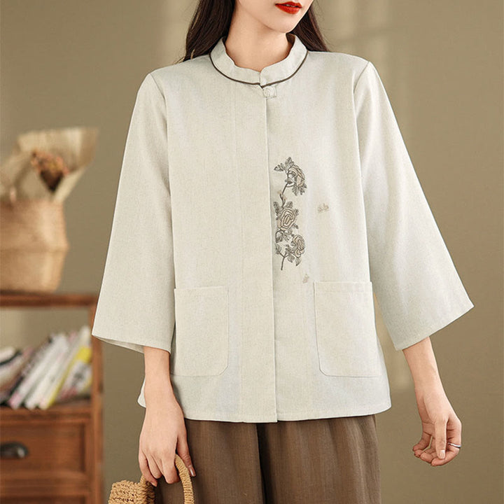 Buddha Stones Commute Embroidery Floral Pattern Three Quarter Sleeve Women's Cotton Shirt With Pockets - image 11