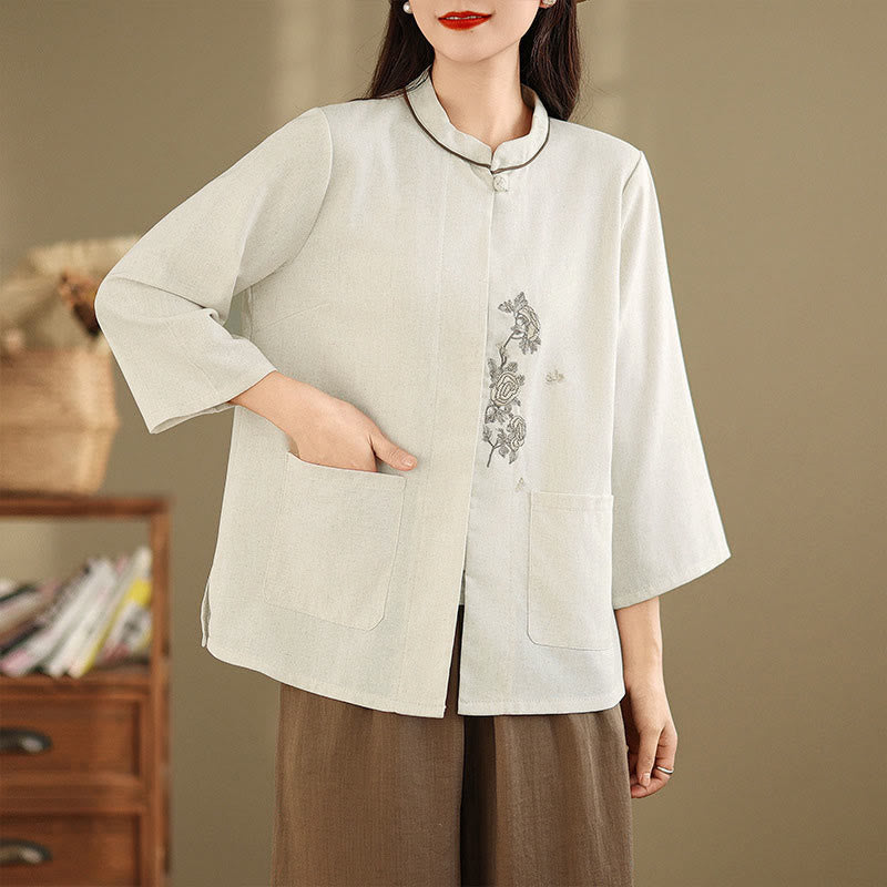 Buddha Stones Commute Embroidery Floral Pattern Three Quarter Sleeve Women's Cotton Shirt With Pockets - image 10