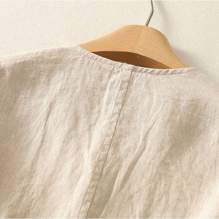 Buddha Stones Summer Solid Color V-Neck Buttons Simple Design Women's Short Sleeve Shirt - image 7