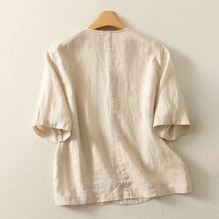 Buddha Stones Summer Solid Color V-Neck Buttons Simple Design Women's Short Sleeve Shirt - image 5