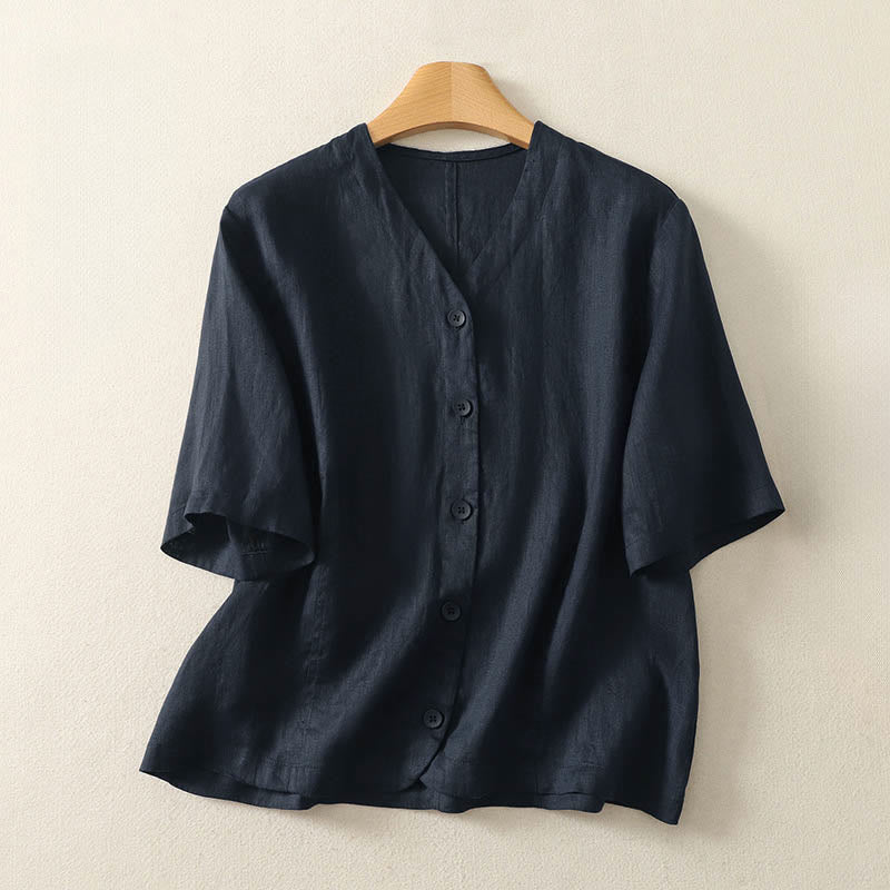 Buddha Stones Summer Solid Color V-Neck Buttons Simple Design Women's Short Sleeve Shirt - MidnightBlue - US8-10，UK/AU12-14，EU40-42 (2XL) - image 14