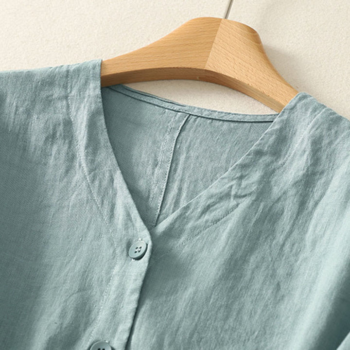 Buddha Stones Summer Solid Color V-Neck Buttons Simple Design Women's Short Sleeve Shirt - image 1