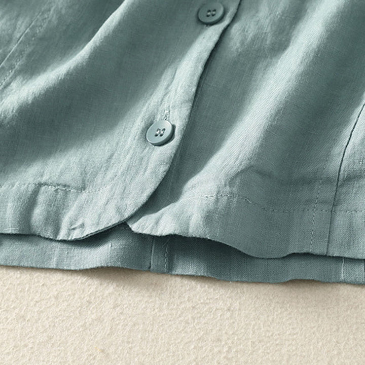 Buddha Stones Summer Solid Color V-Neck Buttons Simple Design Women's Short Sleeve Shirt - image 3