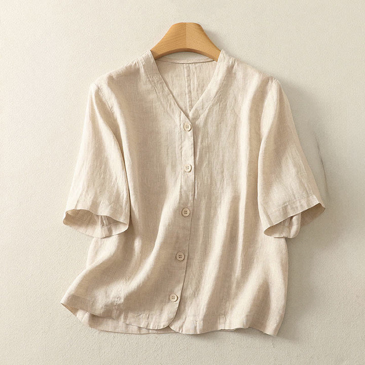 Buddha Stones Summer Solid Color V-Neck Buttons Simple Design Women's Short Sleeve Shirt - PapayaWhip - US8-10，UK/AU12-14，EU40-42 (2XL) - image 4