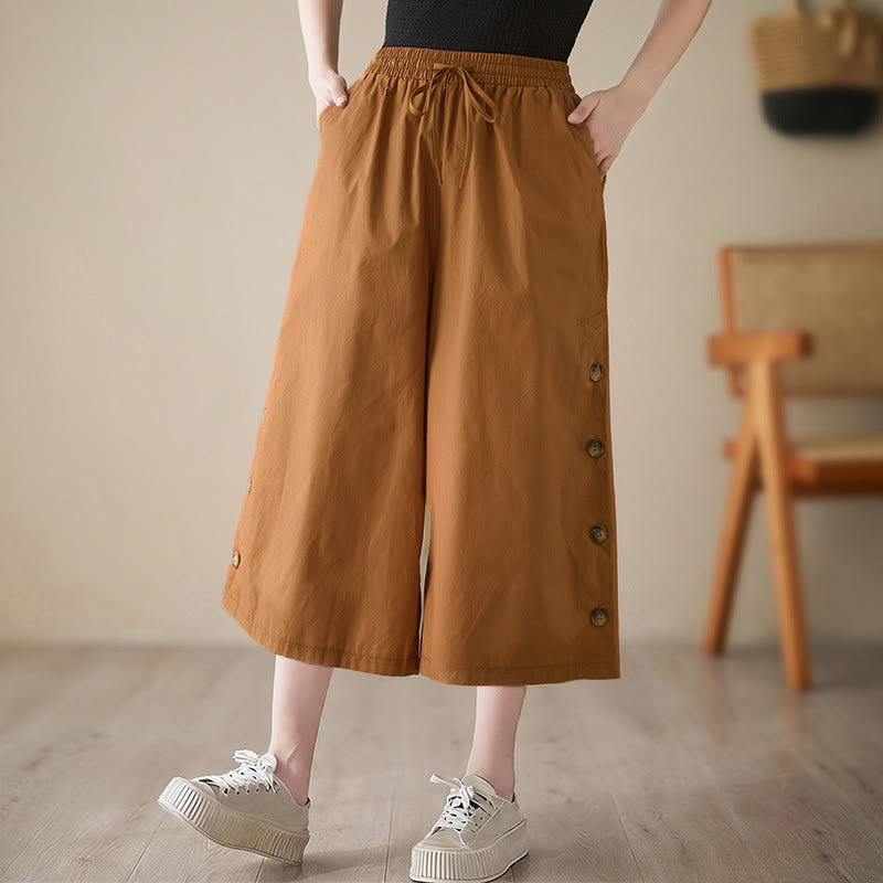 Buddha Stones Plain Buttoned Side Design Capri Cropped Women's Wide Leg Pants With Pockets - Chocolate - US8-10，UK/AU12-14，EU40-42 (2XL) - image 1