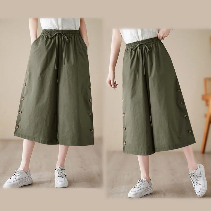 Buddha Stones Plain Buttoned Side Design Capri Cropped Women's Wide Leg Pants With Pockets - image 13