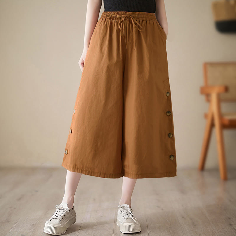 Buddha Stones Plain Buttoned Side Design Capri Cropped Women's Wide Leg Pants With Pockets - image 0