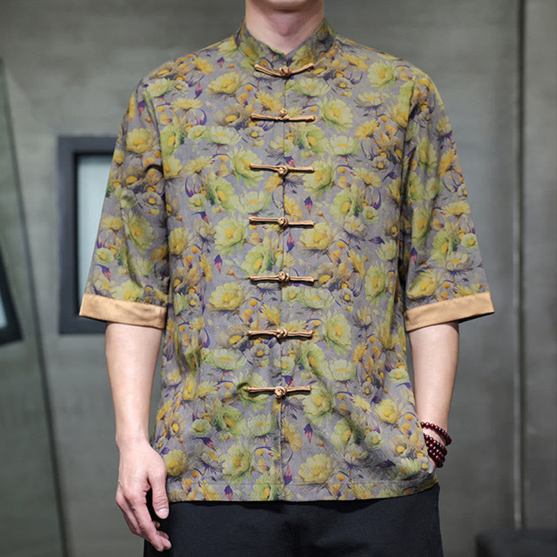 Buddha Stones Summer Colorful Floral Leaves Pattern Short Sleeve Frog-button Design Men's Cotton Shirt - image 8
