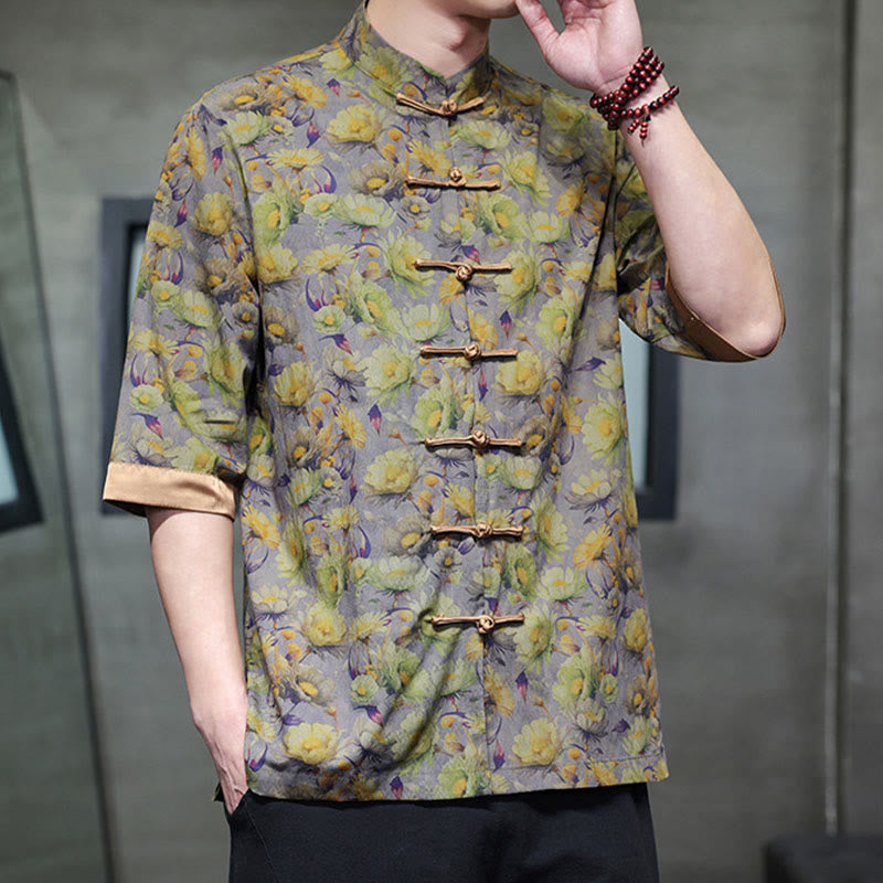 Buddha Stones Summer Colorful Floral Leaves Pattern Short Sleeve Frog-button Design Men's Cotton Shirt - image 9